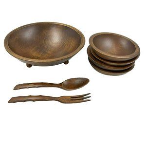 Vtg Wood Carved Salad Bowls Set of 7 Serving Fork Spoon Footed Woodcroftery